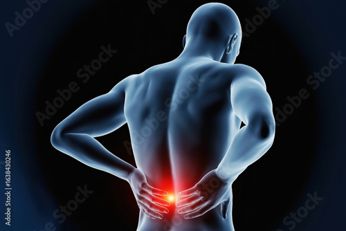 Anatomical Rendering of Lower Back Pain Aching Back with Red Glow Indicating Pain and Inflammation