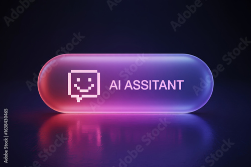 AI Assistant Button with Smiling Face Icon and Neon Glow for Modern Technology and Support