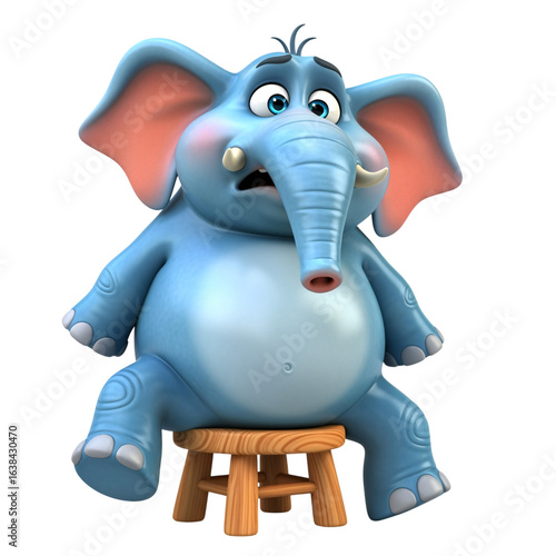 Cartoon elephant sitting on a stool isolated on transparent background
