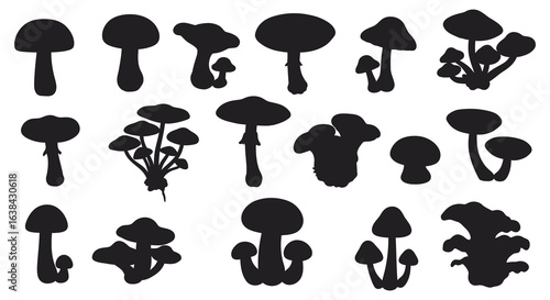 Mushroom Silhouette Collection Fungi Shapes in Black and White silhouette