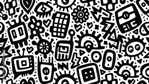 Black and white pattern with abstract shapes including eyes flowers hearts and geometric forms covering surface