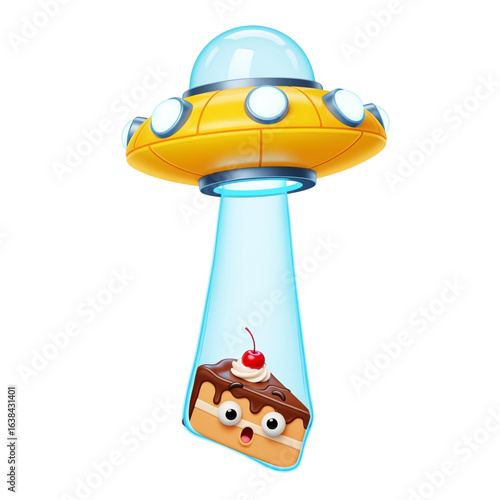 Cute alien ufo abducting a slice of cake isolated on transparent background