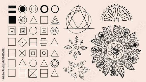 Illustration showing geometric shapes floral designs and abstract patterns arranged in a structured manner design