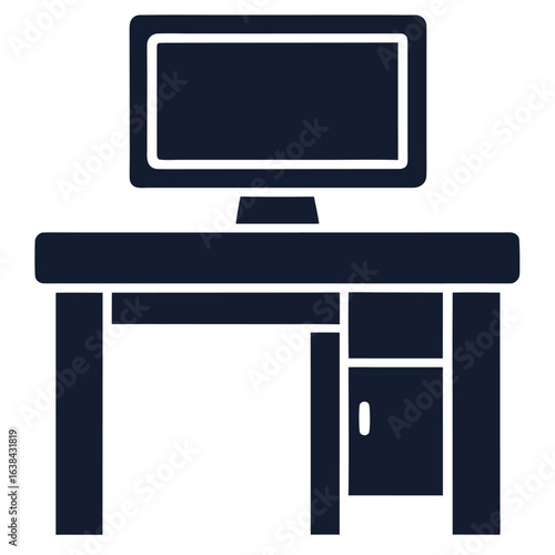 Simple Dark Blue Desk Icon: Minimalist Computer Workstation Silhouette