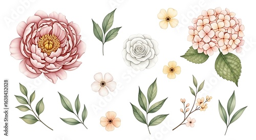 Elegant Watercolor Floral Assortment Featuring Peonies, Hydrangeas, Roses, and Delicate Blossoms with Greenery Accents on a Clean White Background