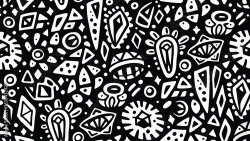 A monochrome seamless pattern featuring a variety of geometric shapes and floral elements in black and white