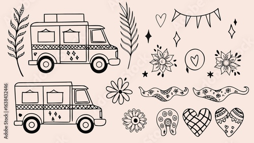 Illustration of two camper vans with floral and heart decorations on a light pink background design art