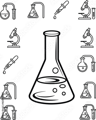 Laboratory equipment icons, scientific tools illustration,  experiment setup, research visuals, lab tools, science icons, biology elements, chemistry lab items, experiment icons, research tools