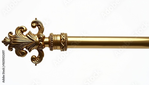 Ornate gold curtain rod with decorative finial and detailed metal accents. Elegant brass pole, ideal for luxury interior design, window treatments, and home decor applications.