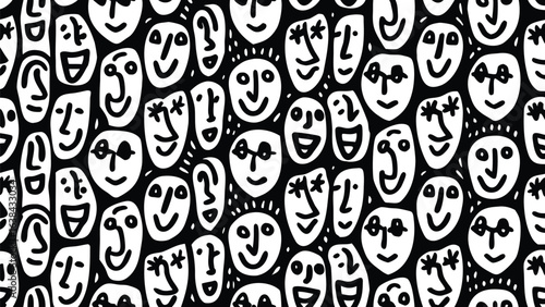 A repeated pattern of simple white face drawings with varying expressions on a black background style art