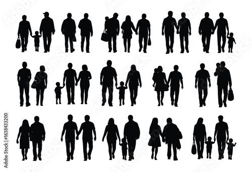 Family Silhouette Vector Set – Walking People, Parents, and Children Collection