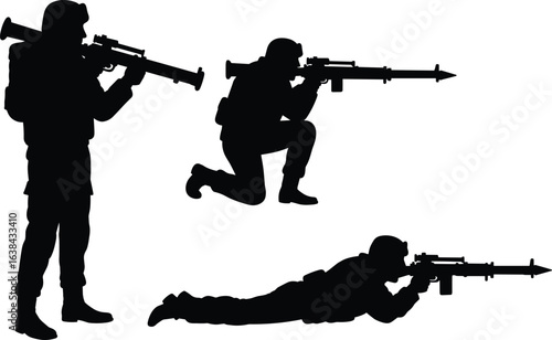Silhouettes of soldiers aiming rocket launchers and rifles in standing, kneeling, and prone firing positions, military combat, tactical gear, vector black and white illustration