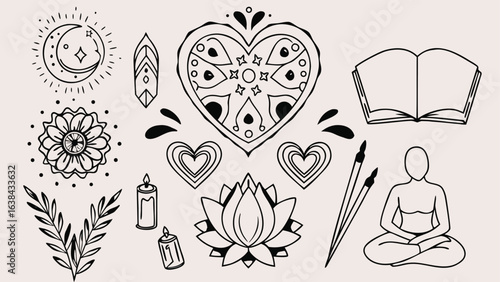 Illustration of spiritual and artistic elements including moon, heart, lotus, book, and meditating figure