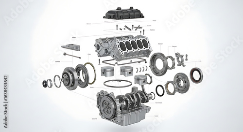 Detailed view of an engine assembly with labeled parts
