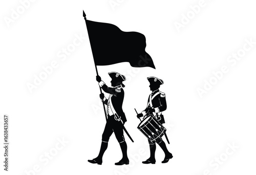 Revolutionary War Soldiers Silhouette Vector – Historic Flag Bearer and Drummer Illustration