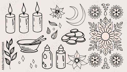 Illustration of spa and wellness elements including candles, flowers, stones, and beauty products design