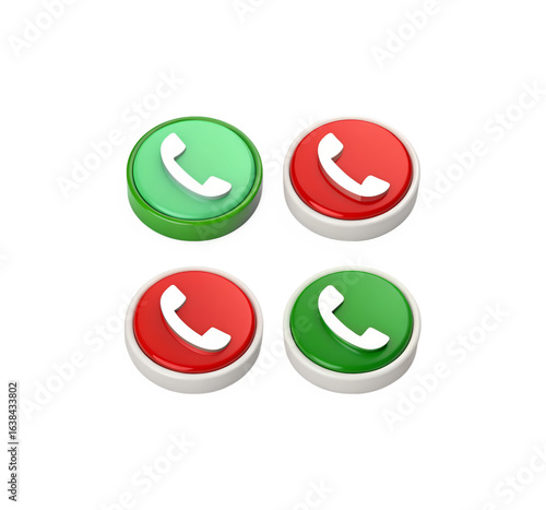 Set of Four Circular Call Icons in Green and Red – Answer, Decline, Hold, and Mute Phone Call Buttons on White Background