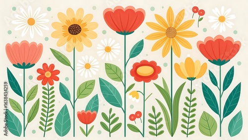 Cheerful flat flowers bloom with red, yellow, and white petals above teal leaves