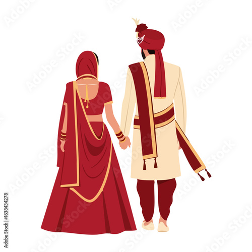 Minimal Hindu Wedding Couple Walking Away Back View Vector Illustration