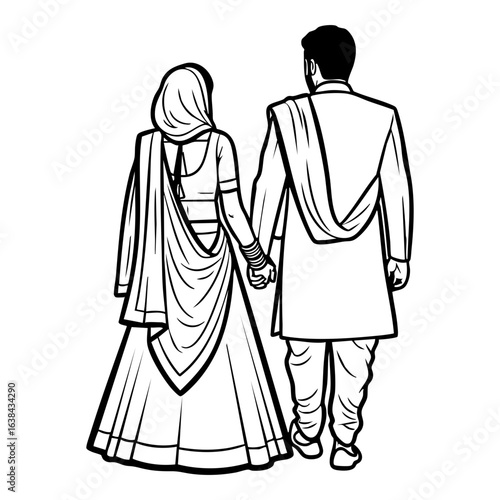 Minimal Hindu Wedding Couple Walking Away Back View Vector Illustration