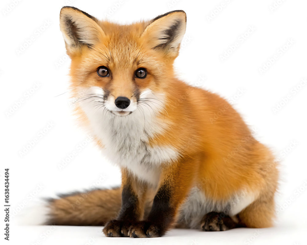 Obraz premium A red fox sitting and looking forward with a white background in a studio setting with bright lighting