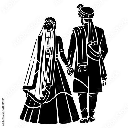 Minimal Hindu Wedding Couple Walking Away Back View Vector Illustration