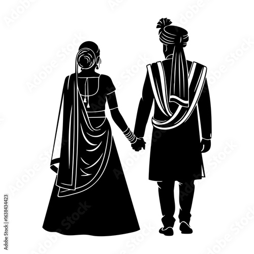 Minimal Hindu Wedding Couple Walking Away Back View Vector Illustration