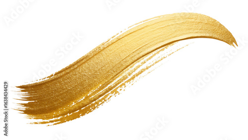 A lustrous golden paint brush stroke curves gracefully, displaying rich texture and detail. An elegant, abstract acrylic smear isolated on a white backdrop.