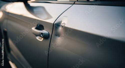 Close-up of a dented car door