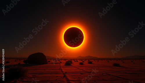 Dramatic solar eclipse illuminating desert landscape with vibrant orange and red hues