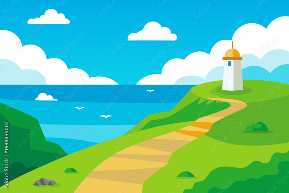 Fototapeta premium Summer landscape with a road leading to the sea, green grass, and clouds in the blue sky