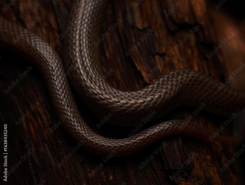 Obraz premium Brown snake coiled on dark wood reptile