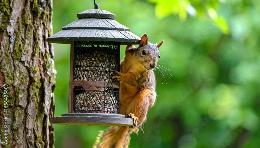 Naklejka premium Squirrel at bird feeder