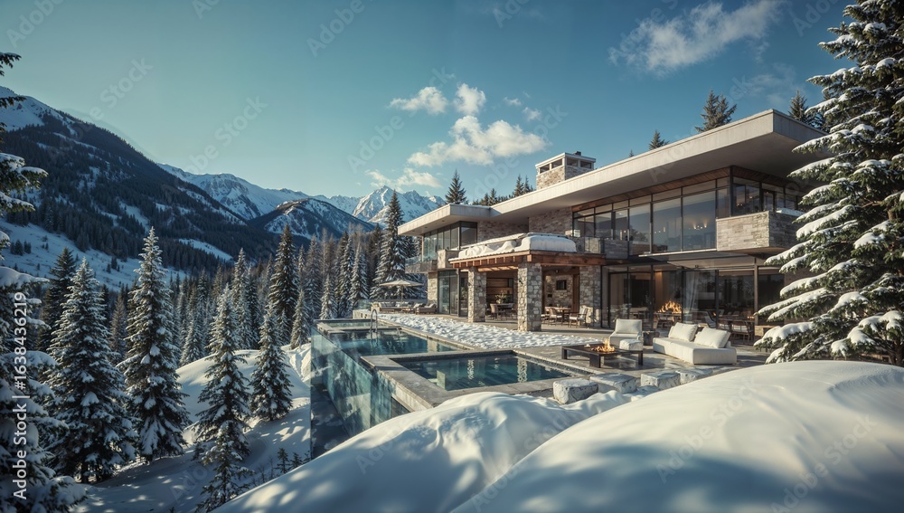 Fototapeta premium A dream luxury mansion in Aspen, Colorado, with a stunning snowy view.