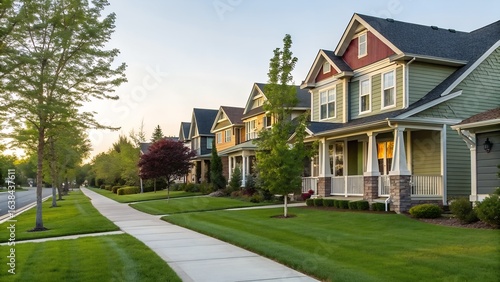 A residential street with well manicured lawns and sidewalks lined with trees and colorful houses