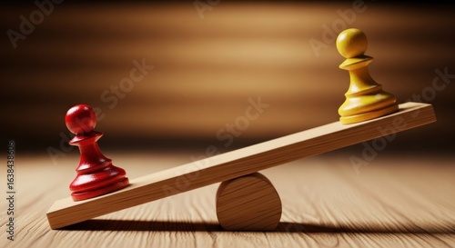 A wooden seesaw with red and yellow chess pieces, symbolizing balance