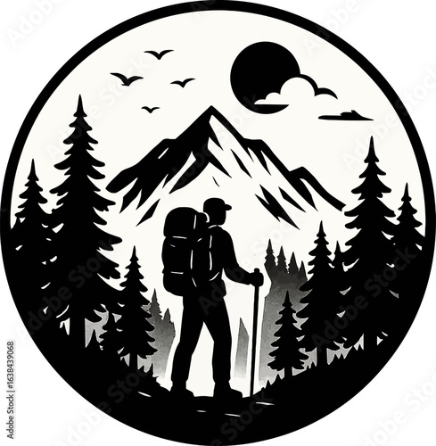 Hiking adventure silhouette: mountain landscape, trees, backpacker, nature, outdoors, travel