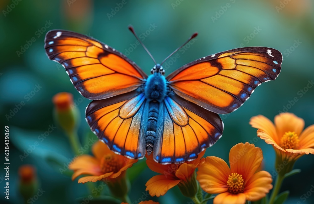 Naklejka premium Detailed macro shot of orange, blue butterfly resting on vibrant orange flowers. Butterfly displays intricate wing patterns, delicate antennae against soft green blurred background. Beautiful insect