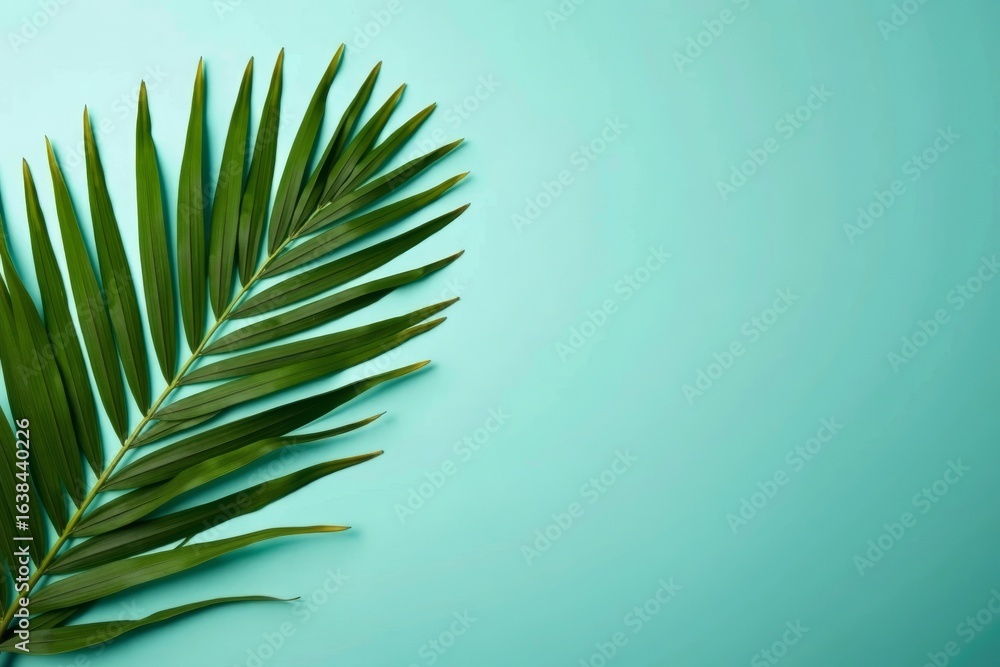 Fototapeta premium Luxurious and Elegant Aerial Shot of Tropical Palm Leaf on Teal Background, Ideal for Hospitality, Travel, and Fashion Industries.