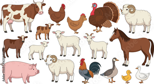 Farm animal illustrations, cute livestock, children’s educational design, rural animals, barnyard vector, preschool learning, colorful cartoon animals
