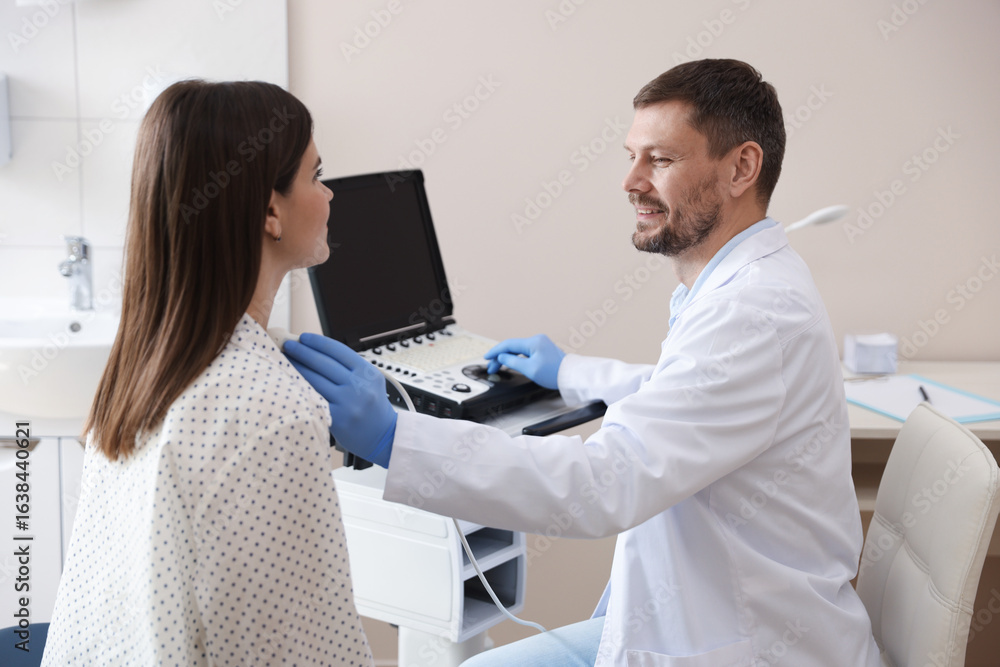 Fototapeta premium Sonographer conducting woman's ultrasound examination in clinic