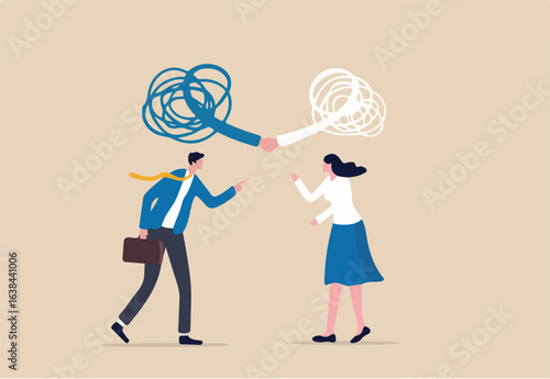 Respect different dissent, accept conflict opinion for work collaborate, professional work discussion concept, businessman and woman fighting or arguing on work with sign of respectful handshaking.