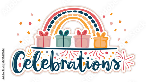 Celebrations with rainbow arc, confetti, and colorful gifts for festive occasions and happy moments