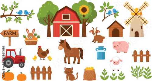 Farm life illustration, cute cartoon farm elements, barn tractor animals, rabbit pig horse goat, kids clipart, educational countryside bundle