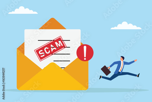 Vector illustration of a businessman running away from a scam message, representing the act of avoiding fraud, escaping online scams, and protecting oneself from digital threats
