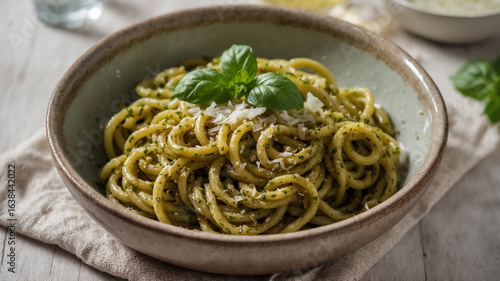 Close-up of spaghetti pasta with green pesto sauce and fresh basil in a rustic bowl image photo