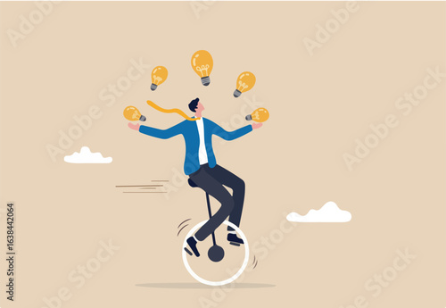 Creativity and ideas, innovation or skill to success in business, skillful businessman riding unicycle juggling lightbulb lamp metaphor of plenty ideas.