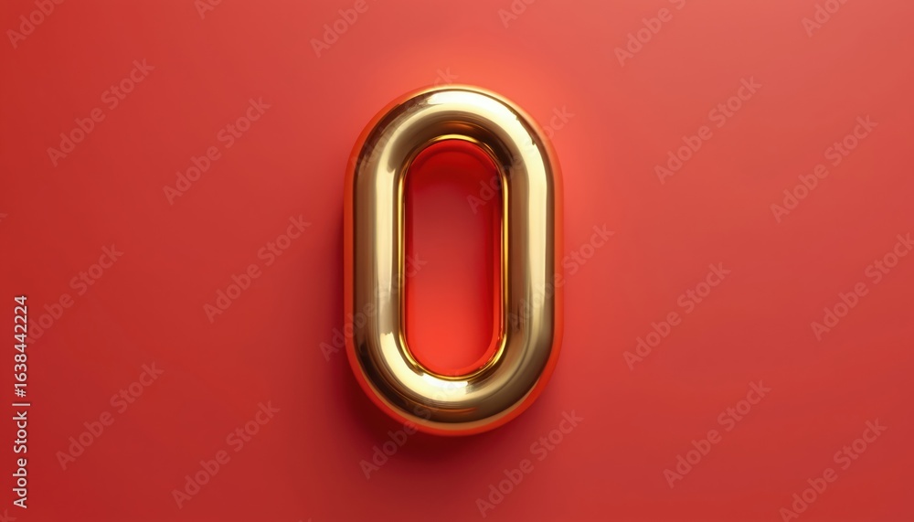 Obraz premium 3D render of a shiny gold oval chain link on a smooth red background. This minimalist geometric design with glossy polished curves represents connection, links, and abstract shapes.