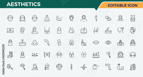 Aesthetics line icon set. Contains such symbols as cosmetic, spa, glamour, beauty, beauty care, health and more. Aesthetics related icon set. Set of line pictogram. Vector illustration.