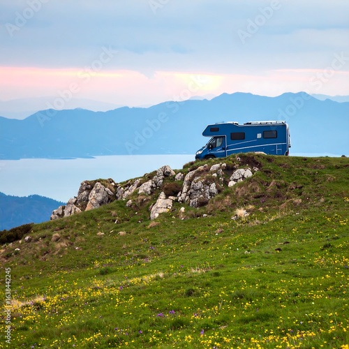Scenic mountain landscape with blue campervan atop a green hillside at sunset